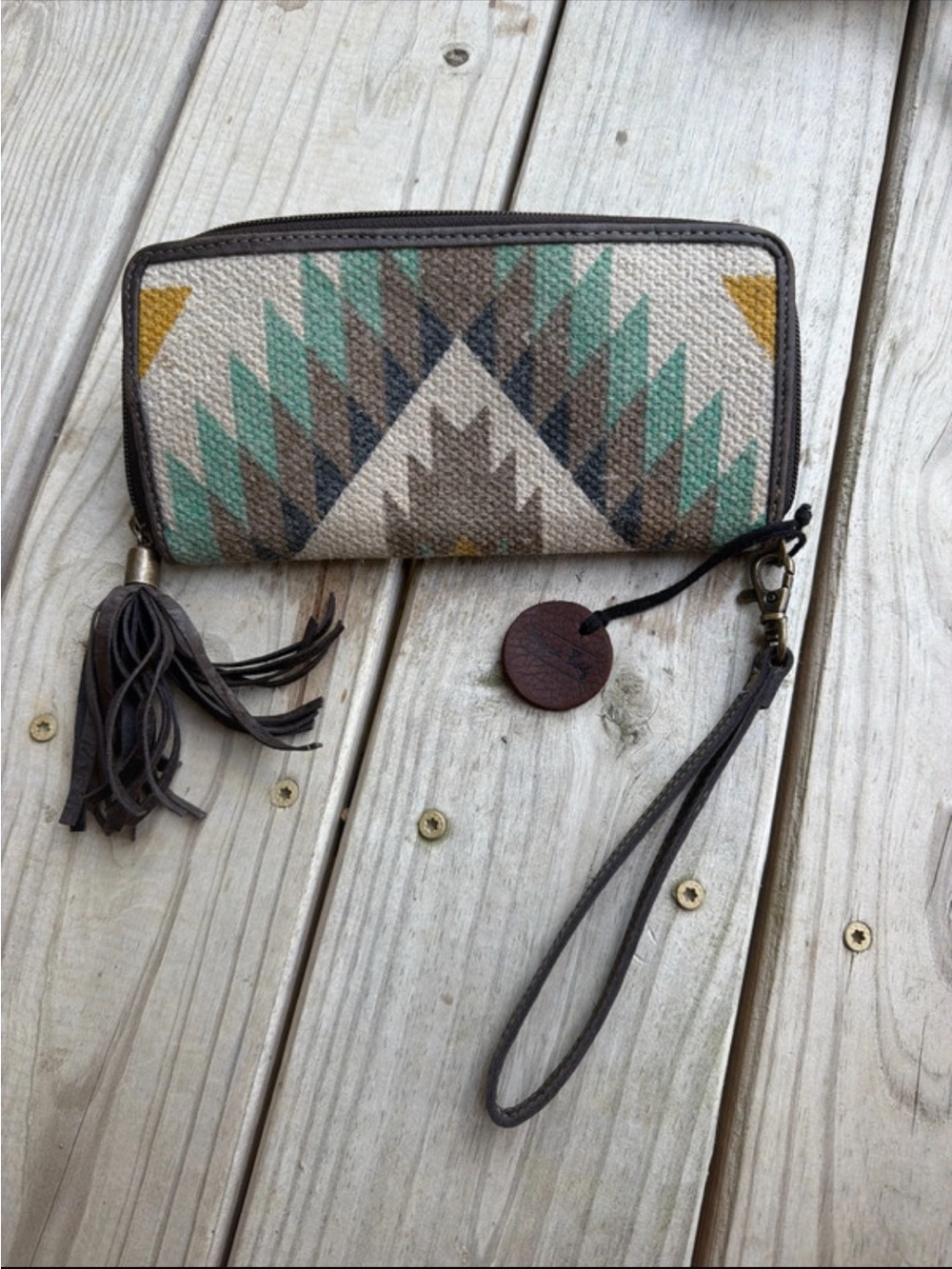 Myra Bag Teal Cream & Brown Aztec Wristlet Wallet